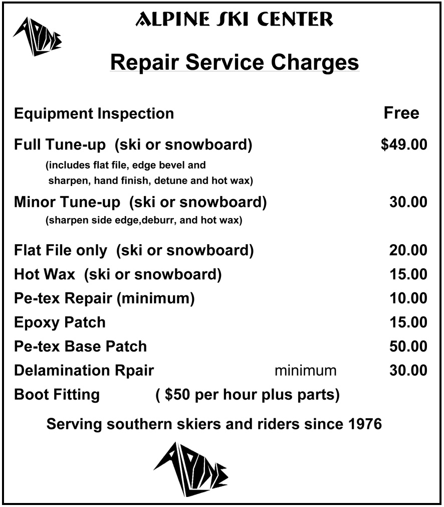Ski & Snowboard Repair Rates