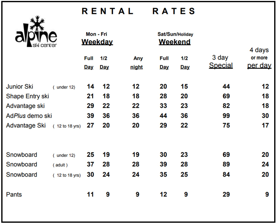 Ski and Snowboard Rental Rates - Raleigh, NC